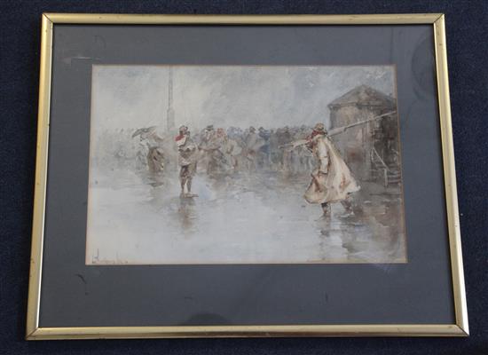 Lance Thackeray (1869-1916), watercolour, Fishermen on the wharf, signed and dated 98, 23 x 35cm.